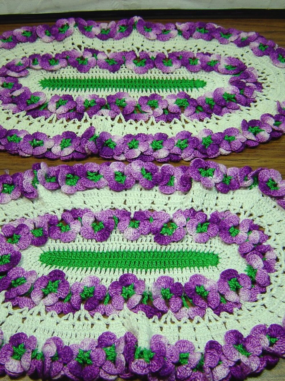 2 vintage handmade crocheted purple & white oval doilies-2 sizes